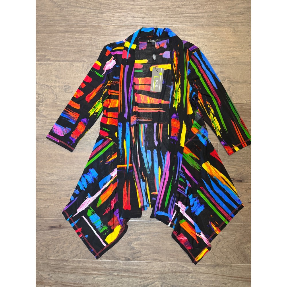 NWT Lior Paris Womens Large Abstract Paint Stroke Open Front Cardigan Multicolor